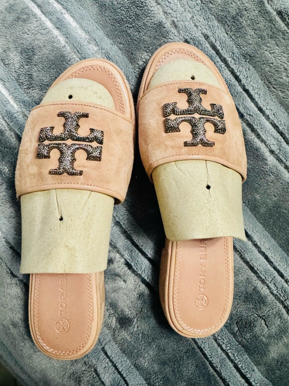Tory Burch Blush Pink Suede Slide Sandals with Rhinestone Logo - Picture 5 of 5